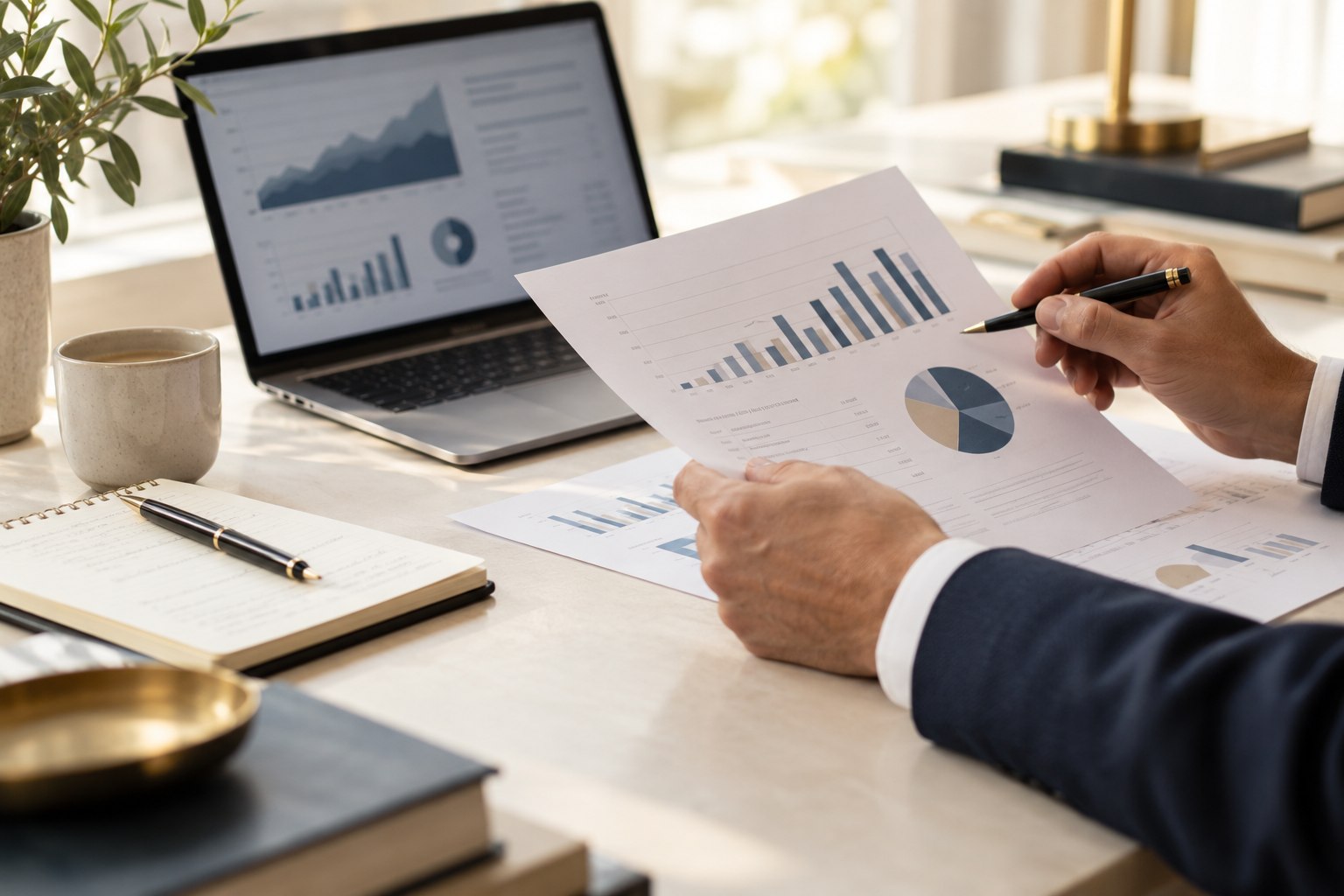 Illustrative business planning desk with analytics, a notebook and a chart