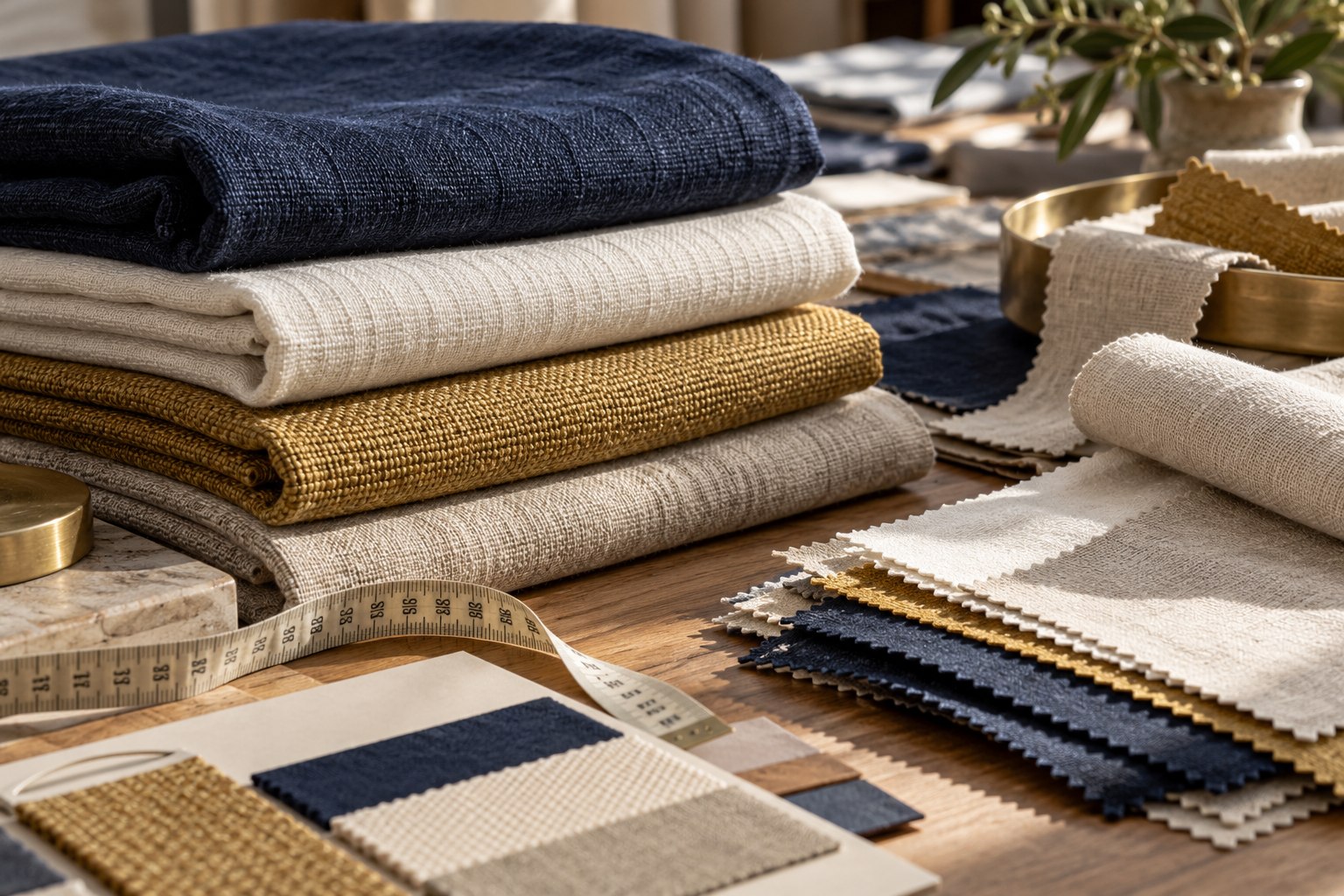 Illustrative selection of navy, ivory and sand coloured fabric samples